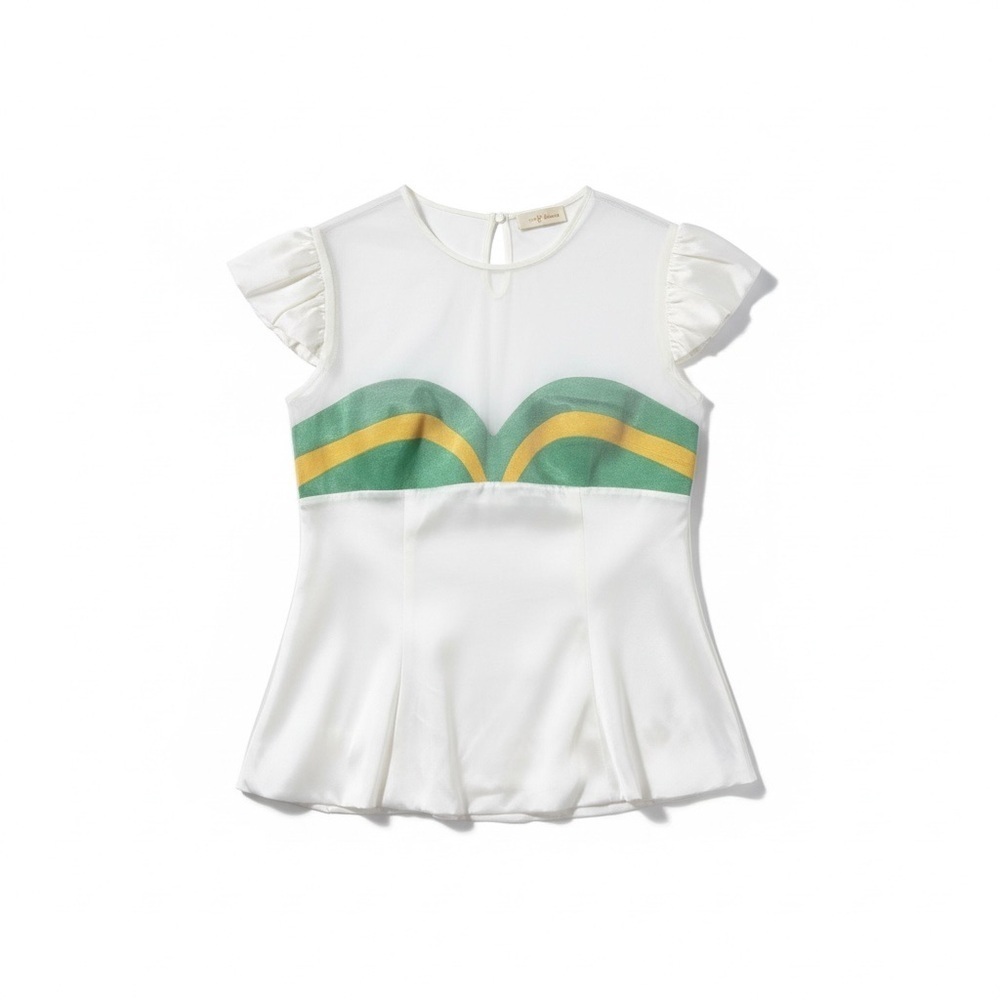 Sheer White top with Green and yellow Accents size 6